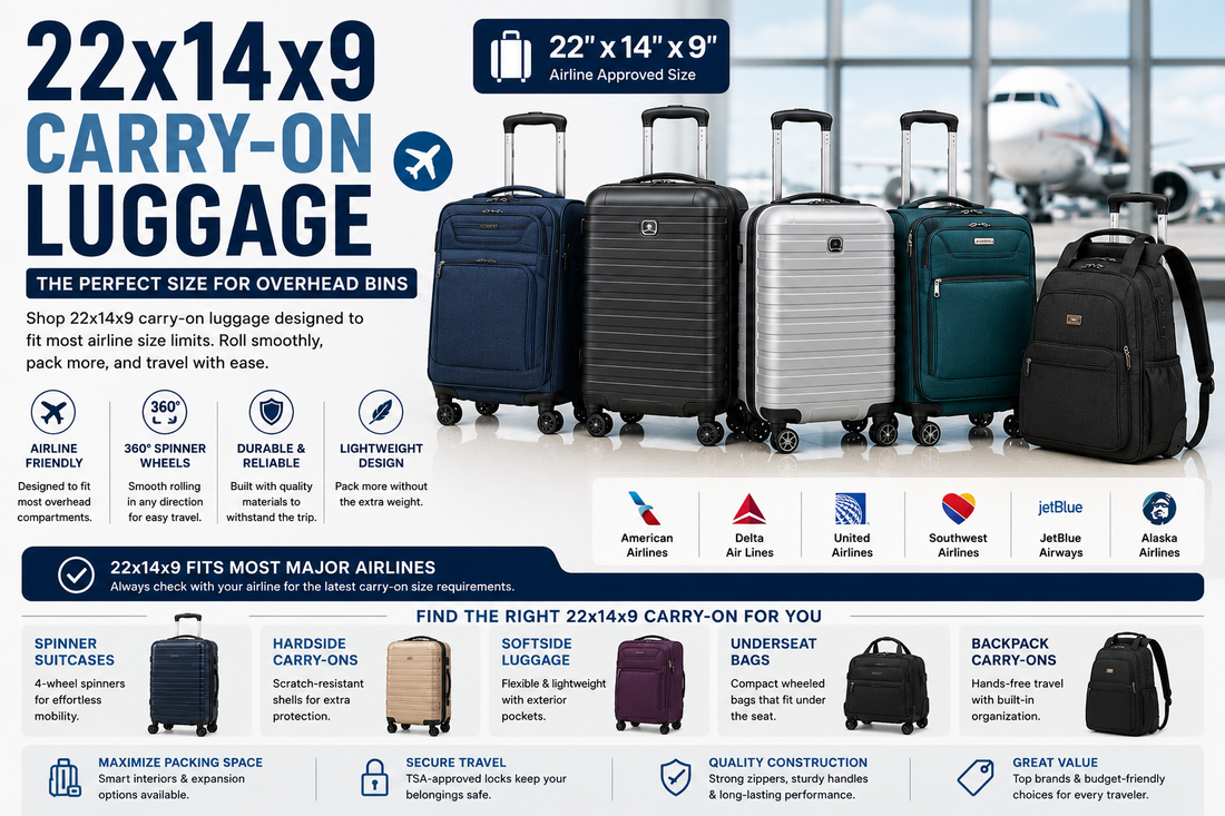 Expandable 22 x 14 x 9 carry-on luggage shown closed for airline compliance