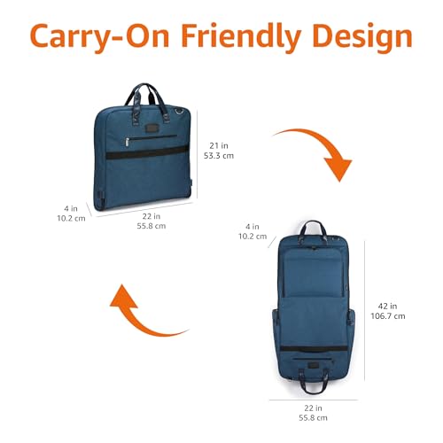 Amazon Basics Carry-On Garment Bag for Travel and Business Trips with Detachable Shoulder Strap, Hanging Suit Luggage, Wrinkle Free Cover for Suits Dresses Coats, Foldable with Shoe Compartment, Navy