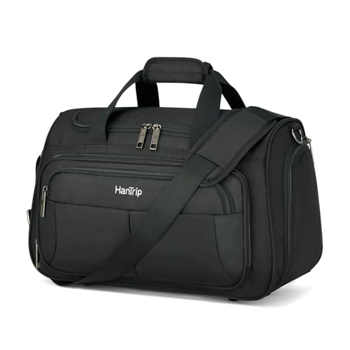 HanTrip Carry on Duffel Bag Foldable Duffle Bags for Travel, Under Seat Personal Item Bags for Airplanes, Weekender Overnight Mens Travel Tote Bag for Women Small Softside Carry on Luggage (Black)