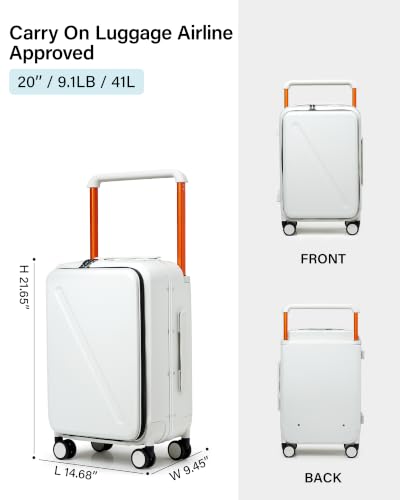 MILADA Wide Handle Carry On Luggage with Front Pocket Hardshell 20 Inch Front Opening Luggage with Spinner Wheels TSA Lock Aluminium Suitcase Airline Approved Carry-On Travel Luggage, White