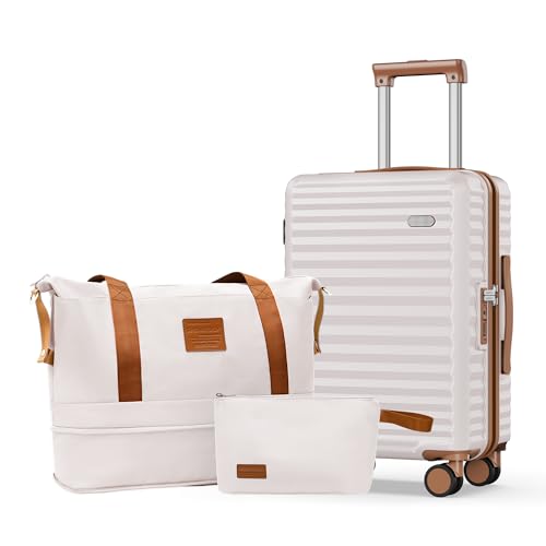 SHOWKOO Carry On Luggage Hardshell Lightweight Luggage Set, Suitcase with Double Spinner Wheels Tsa Lock White 3 piece set Beige White (DB/TB/20in)