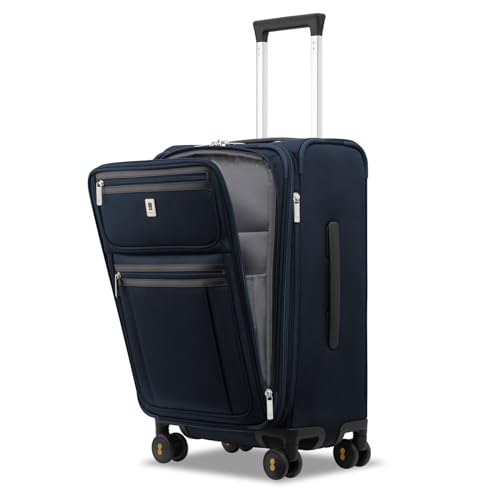 LEVEL8 Carry On Luggage Airline Approved with Compartment, Softside Expandable Rolling Suitcase with Spinner Wheels, Blue, Carry-On 20-Inch