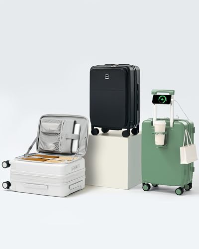 Hanke 20 Inch Expandable Carry On Luggage with Cup Holder 22x14x9 Airline Approved, Top Opening Hard Shell Suitcases with Wheels, Carry-On Travel Suitcase Trunk Luggage with Lock, Forest Green
