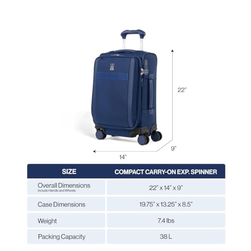 Travelpro VersaPack+ Lightweight Softside Expandable Carry on Luggage, 8 Spinner, TSA Lock, Compact Carry On 20-Inch, Estate Blue