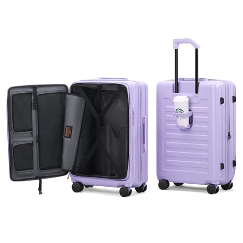 ROAMING 20 Inch Carry On Luggage Expandable Front Opening Rolling Vacation Suitcase with Spinner Wheels and TSA Lock Cup Holder PC Hard Shell Travel Trolley Case for Shout Business Trips purple