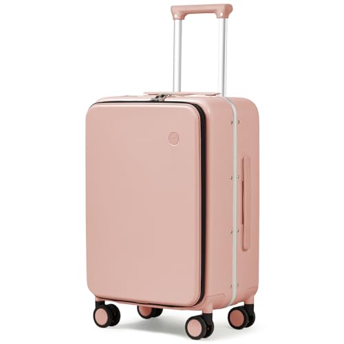 mixi Carry On Luggage, 20'' Suitcase with Front Pocket, Travel Rolling Luggage Aluminum Frame PC Hardside with Spinner Wheels & TSA Lock and Cover - Pink