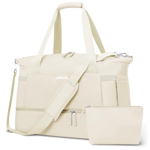 ETRONIK Gym Bag for Women, Personal Item Travel Bag with Shoes Compartment, Weekender Overnight Duffel Bag with Wet Pocket, Carry On Bag for Women, Travel, Gym, Weekend (Beige)