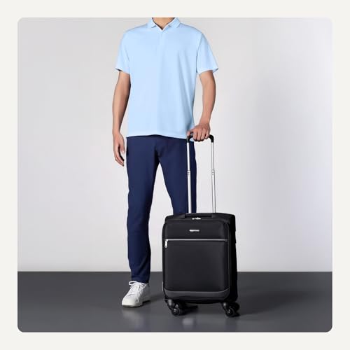Amazon Basics 18" Medium Carry-On Softside Expandable Suitcase with 360-Degree Spinner Wheels, Telescoping Handle, Zippered Pocket and Straps, Black