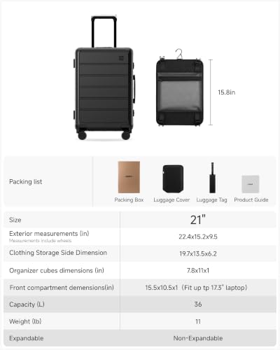 LUGGEX 21 Inch Zipperless Carry On Luggage - HUP Pro Front Opening Compartment Suitcase with Spinner Wheels, 36L Capacity, TSA Locks, Airline Approved for Business Travel(ZX-Pro, Black)