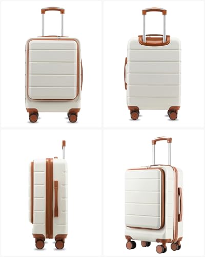 Carry On Luggage 22 x 14 x 9 Airline Approved, H1F Front Pocket Hardside Suitcase with Spinner Wheels, TSA Lock (FX-Lite, Beige, Carry on 20 Inch)