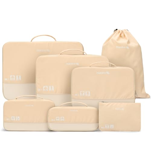 Hanke 7 Piece Expandable Compression Packing Cubes, Premium Travel Packing Organizers for Suitcases/Carry On, Luggage Organizer Bags with Breathable Mesh & Label,Off White