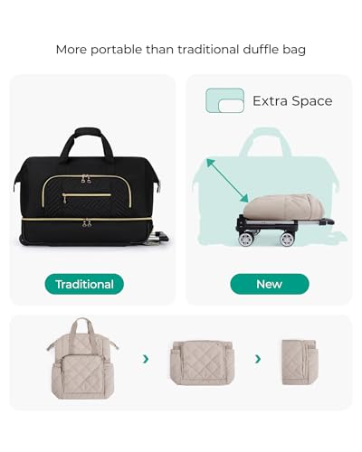BAGSMART Rolling Duffle Bag with Wheels, 35L Carry on Travel Bag with Detachable Wheels, PVC Wet Pocket Duffle Bag with Handle