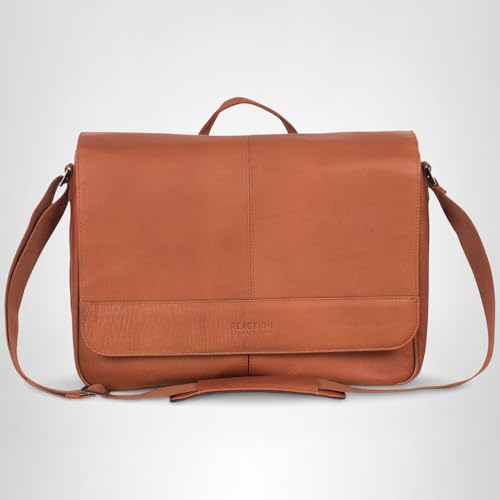 KENNETH COLE REACTION Risky Business Full-Grain Colombian Leather Crossbody Case & Tablet Day, Cognac, 15.6" Laptop Messenger Bag