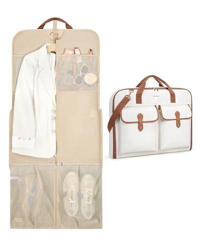 BAGSMART Large Garment Bags for Travel, Carry on Garment Bags for Hanging Clothes, Travel Suit Bag for Shirts Dresses Coats, Beige