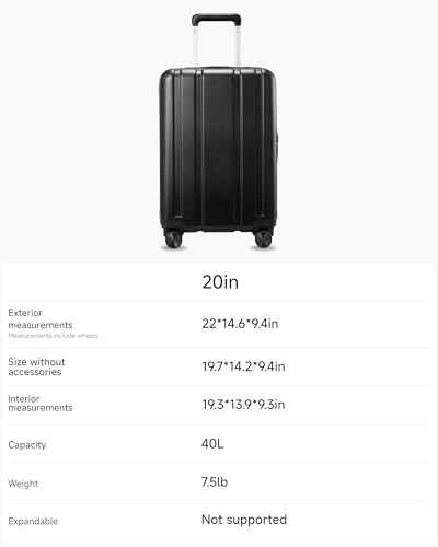 LUGGEX Carry On Luggage 22x14x9 Airline Approved, L2 100% PC Hard Shell Travel Suitcase with Smooth Spinner Wheels, TSA Lock (Black, 20 Inch, 40L)