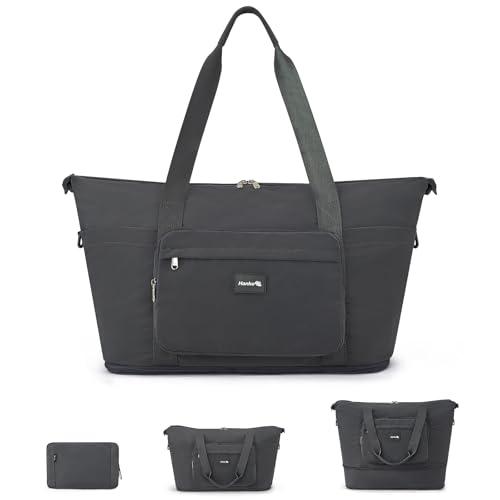 Hanke 40L Foldable Travel Tote Bags for Women Men, Expandable Weekender Bag with 11 Pockets, Wet Dry Separation, Laptop Compartment, Carry On Luggage Bag for Travel Gym Beach Daily Use(Grey)