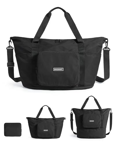 BAGSMART Foldable Travel Bag, 37L Expendable Personal Item Bag, Lightweight Travel Essentials for Women, Water Resistant Extra Carry on Bag, Black