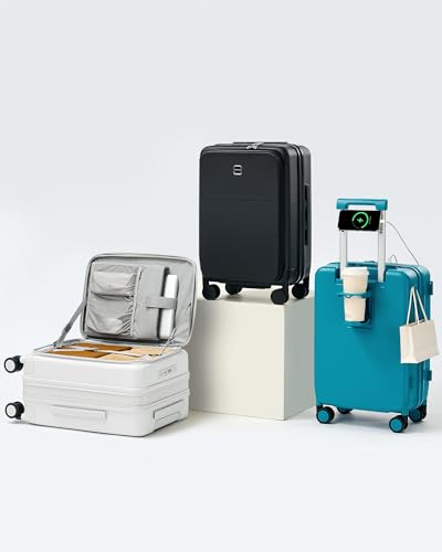 Hanke 20 Inch Expandable Carry On Luggage with Cup Holder 22x14x9 Airline Approved, Top Opening Hard Shell Suitcases with Wheels, Carry-On Travel Suitcase Trunk Luggage with Lock, Smoke White