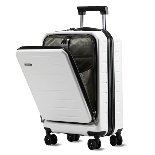 CENSIEN Carry On Luggage 22×14×9 Airline Approved, 20 Inch Lightweight ABS+PC Hard Shell Suitcases with Front Pocket, Spinner Wheels, TSA Lock (White, 1PC)