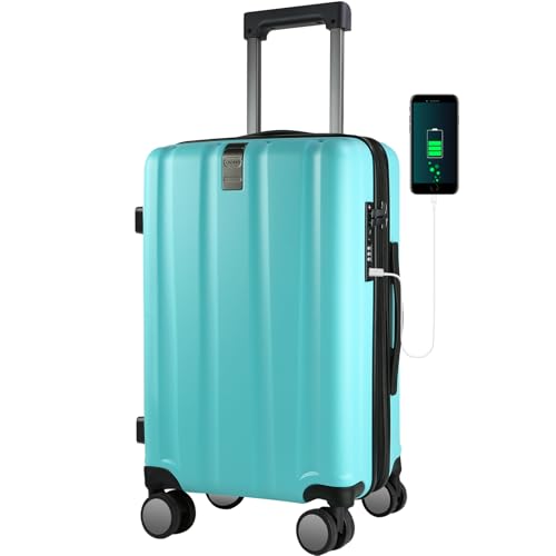 KROSER Hardside Expandable Carry On Luggage with Spinner Wheels & Built-in TSA Lock, Durable Suitcase Rolling Luggage with USB Port, Carry-On 20-Inch, Lake Blue