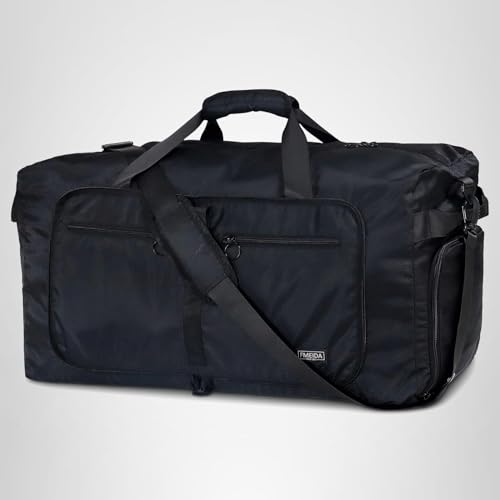Fmeida 65L Duffle Bag with Shoes Compartment, Foldable Travel Duffel Bags for Men Women, Large Packable Travel Bag Water Repellent & Tear Resistant (Black)