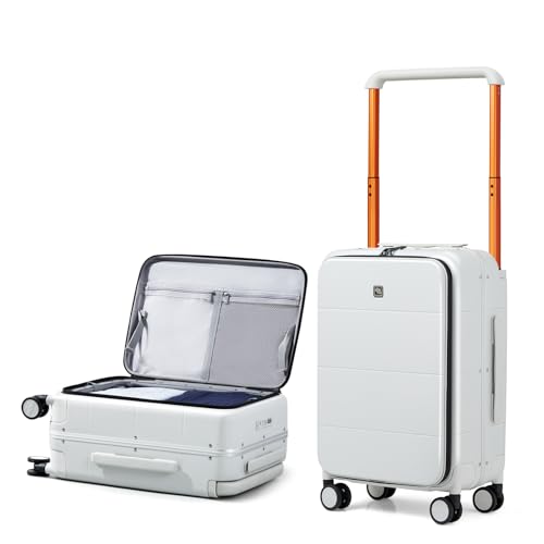 Hanke Top Opening Carry On Luggage, 20 Inch All-PC Aluminum Frame Wide Handle Luggage, Hard Shell Trunk Suitcase with Spinner Wheels, TSA Airline Approved (Smoke White, 40L)