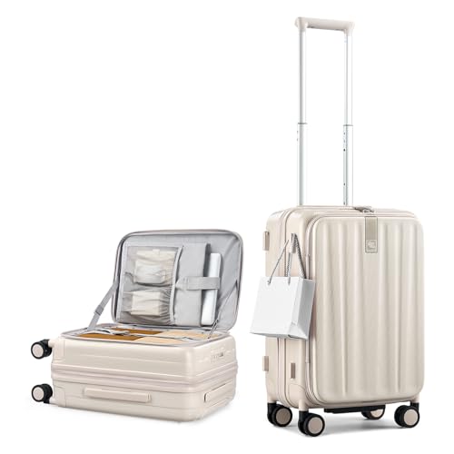 Hanke 20 Inch Expandable Carry On Luggage Airline Approved Top Opening Hard Shell Suitcases with Wheels Lightweight Travel Luggage Carry On Suitcase for Woman Men-Ivory White