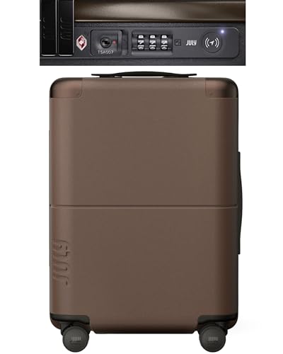 July Carry On with CaseSafe - 20" Built in Tracking, Airline Approved Carry On Luggage with Wheels, Travel Suitcase for Men & Women - Polycarbonate Shell, USB Ports & Ejectable Battery - Dark Brown