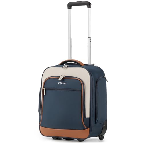 mixi 16 Inch Underseat Carry-On Luggage, Softside Suitcase with Wheels, Fashion Lightweight Water-Resistant Personal Item Travel Bag for Short Trips, Deep Blue-Off white