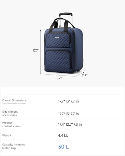 LUGGEX Underseat Carry On Luggage with Wheels, UDK-Plus Large-Capacity Lightweight Soft Sided Personal Item Suitcase for Short Trips (UX-Core, Navy Blue, 16 Inch)