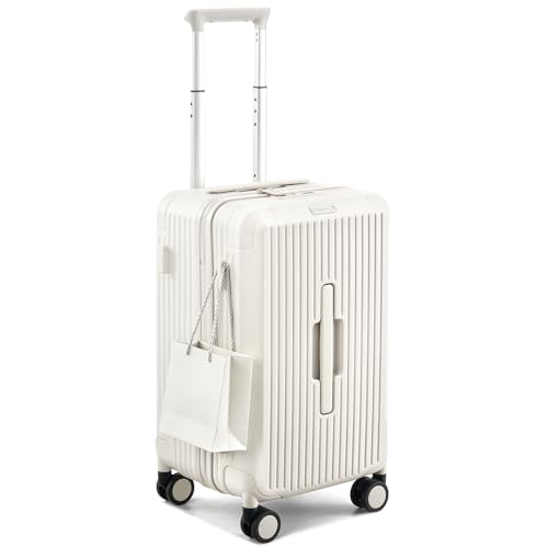 Hanke 20 Inch Carry On Luggage, Premium PC Hard shell Suitcase with 4:6 Deep Compartment, Fully Enclosed Interior, Silent Spinner Wheels & TSA Lock for Business Travel & Weekend Getaways, White