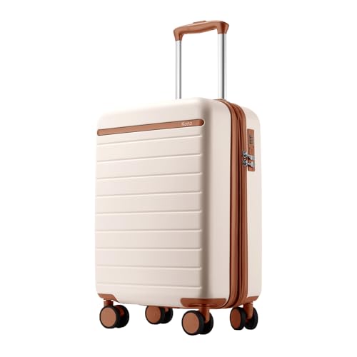 Kono Expandable 20 Inch Carry On Suitcase Airline Approved, Lightweight ABS+PC Hardshell Luggage with 360° Silent Spinner Wheels, Cream/Brown