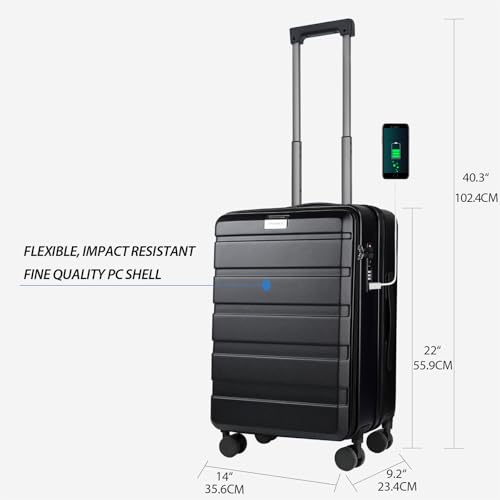 KROSER Carry On Luggage with Spinner Wheels & Built-in TSA Lock, Expandable Top Opening Hard Shell Suitcase Large Capacity Durable Rolling Luggage with USB Port, Carry-On 20-Inch, Black