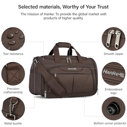Hanke Large Capacity Travel Duffel Bag, Carry On Luggage with 12 Pockets, 17 Inch Laptop Compartment, Wet Dry Separation & Independent Shoe Bag, Lightweight Foldable Duffel Bag for Women Men（Coffee）