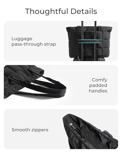 BAGSMART Expandable Tote Bag for Women, Puffer Work Tote Handbag, Quilted Carry On Bag for Travel Gym, Black, Large