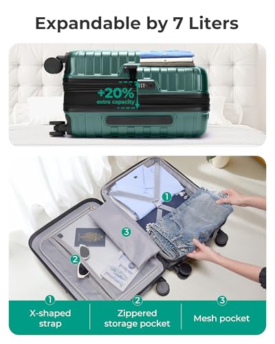 BAGSMART Carry On Luggage 22x14x9 Airline Approved with Spinner Wheels,Lightweight 20 Inch Luggage with TSA Lock,Expandable Hard Shell Carry On Suitcases for Men Women,Pine Green