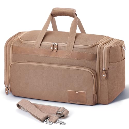 SHOWKOO Duffle Bag for Travel 60L Expandable Canvas Travel Bag Durable Vintage Weekender Overnight Carry On Bag for Men(Khaki)