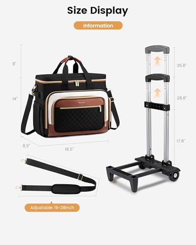 LOVEVOOK Rolling Teacher Bag with Detachable Dolly and Laptop Compartment, Large Rolling Tote Bag fits for 17.3" Laptop for Teacher Office Work Craft Nurse, Quilted-Black-beige-brown