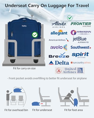 HanTrip 16 Inch Underseat Carry On Luggage with Wheels Softside Small Suitcases Personal Item Bag with Pocket Travel Luggage for Men Women Business Overnight Bag(Blue)