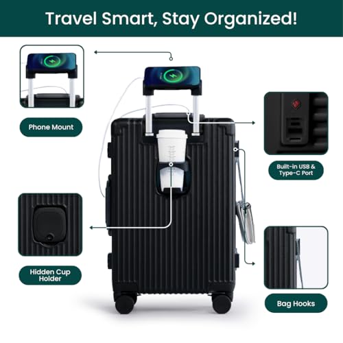Nobl Travel Carry On Luggage, Noble Zipperless Aluminum Frame, 22.5x15x9.5, 360 Degree Spinner Wheels, TSA Locks, USB Charging Port, Cup & Phone Holder - Jet Black