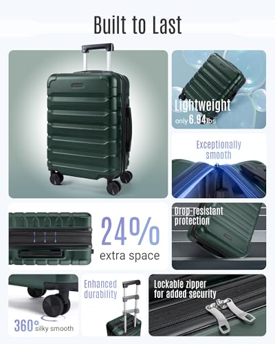 LIGHT FLIGHT Carry On Luggage, 20" Carry-On Suitcase, Deep Green