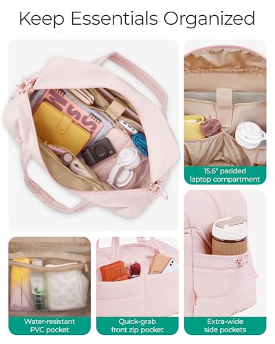 BAGSMART Gym Bag for Women, Lightweight Puffer Duffle Bag 2-PC Travel Bag, 31L Weekender Overnight Bag Quilted Carry On Tote Bag, Diaper Hospital Dance Bag for Travel, Gym, Water Resistant, Pink