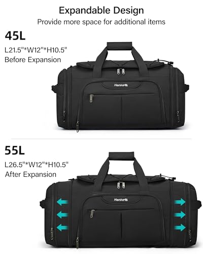 Hanke Expandable Carry On Luggage Bag,3 in 1 Duffle Bag for Travel,45L-55L Weekender Overnight Bag with 15.6" Compartment for Women & Men (Black)