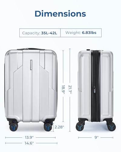 BAGSMART Carry On Luggage 22x14x9 Airline Approved, 1OO% PC Hardside Expandable Luggage with TSA Lock, 20 Inch Travel Suitcase with Spinner Wheels,Sliver