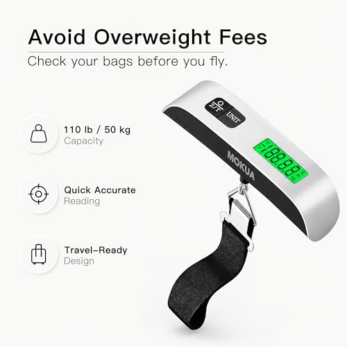 MOKUA Portable Digital Luggage Scale, 110lbs Hanging Baggage Scale with Backlit LCD Display, Portable Suitcase Weighing Scale, Travel Luggage Weight Scale with Hook