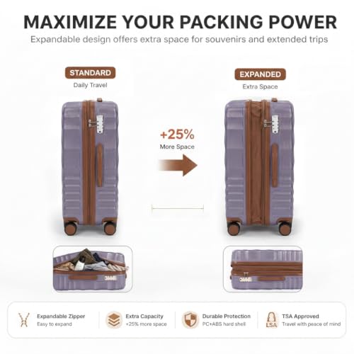 Rosamo 3 Piece Luggage Set Expandable Hardside, 20in Suitcase with Matching Travel Bags, 22x14x9 Airline Approved Carry On, TSA Lock & Spinner Wheels, ABS+PC, (purple)