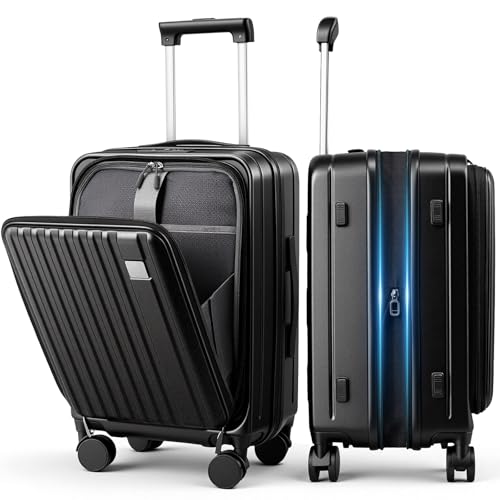 Expandable Top Opening 20 Inch Carry On Luggage with Laptop Compartment – Polycarbonate Hard Shell Suitcase, TSA Lock & Spinner Wheels (Black)