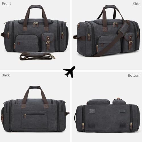 Mens Duffle Bag for Travel 60L Expandable Canvas Weekender Overnight Travel Duffel Bag with Shoe Compartment Carry-On for Airplanes Dark Gray
