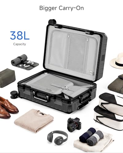 LUGGEX Zipperless Carry On Luggage with Spinner Wheels 22.5" x 15.5" x 9.6", SF81 Aluminum Polycarbonate Hard Shell Front Opening Suitcase, TSA & Cup Holder (ZX-Pro, Black)