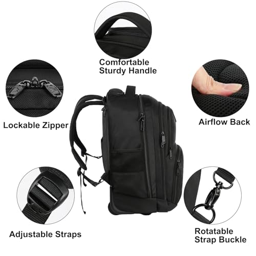 MATEIN Rolling Backpack, 17 inch Water Resistant Wheeled Laptop Backpack, Carry on Luggage Business Bag, Overnight College Computer Bag Trolley Suitcase for Men Women Adults to Travel, Black